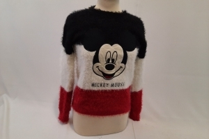 Zwart/rood/wit gestreepte fluffy trui met Mickey Mouse vooraan mt 158/164